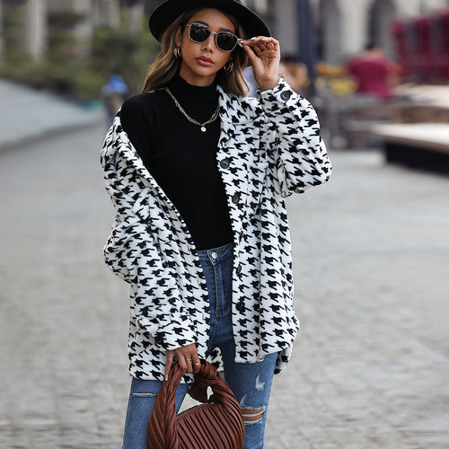 Damen Modische Plüschjacke mit Hahnentrittmuster und praktischen Taschen Drune