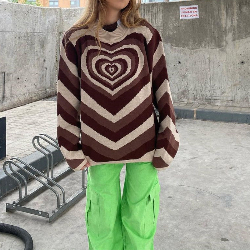 Damen nan oversized Strickpullover mit Herz-Intarsie und Chevron-Muster Drune