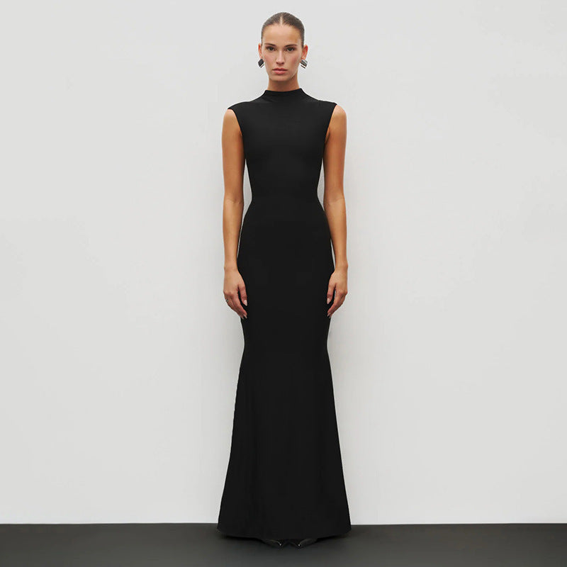 Damen Elegantes Schmalgeschossenes Maxikleid mit hohem Kragen Drune