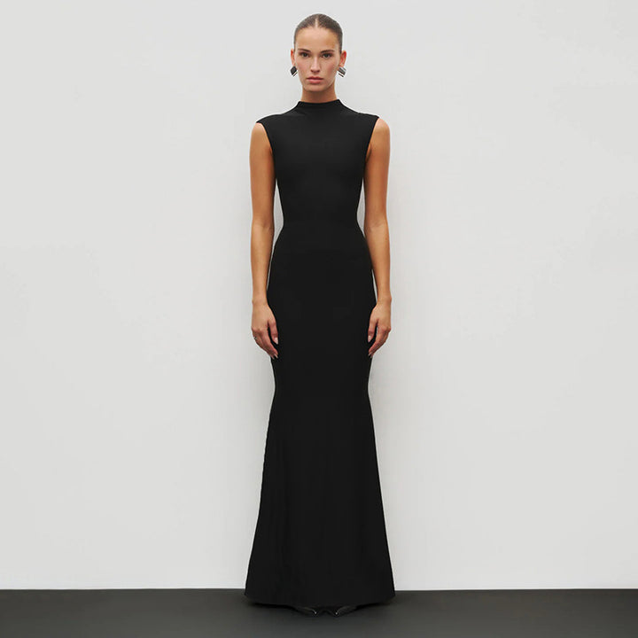 Damen Elegantes Schmalgeschossenes Maxikleid mit hohem Kragen Drune