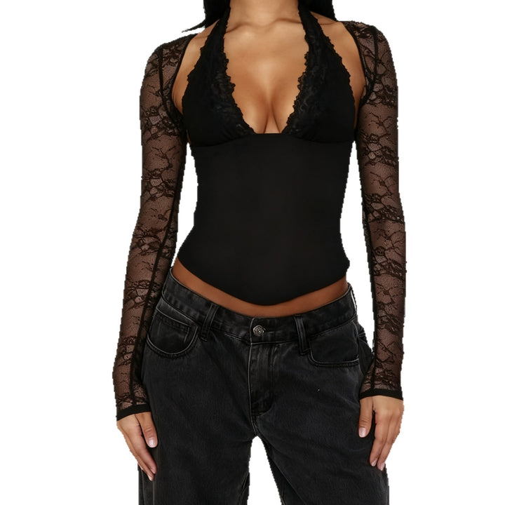 Damen Elegantes Spitzenbodysuit mit tiefem V-Ausschnitt und langen Ärmeln Drune