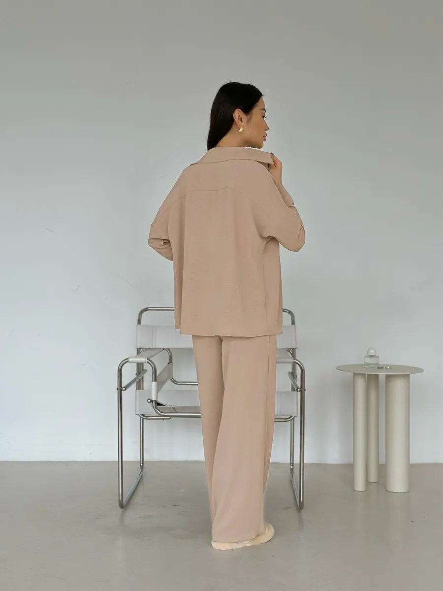 Damen Zweiteiliges Lounge-Set Oversize-Bluse mit Brusttasche und weiter Palazzo-Hose Drune