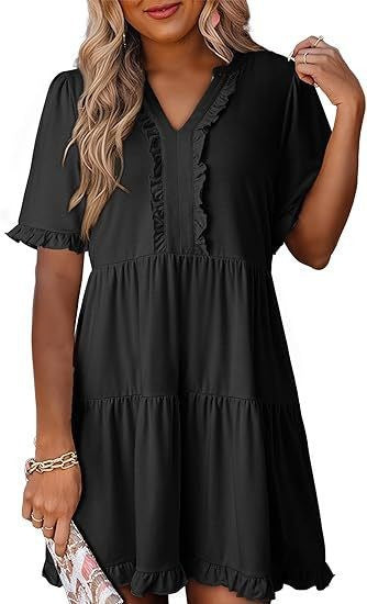 Damen nan leichtes Swingkleid mit V-Ausschnitt, gestufter Rockpartie und zarten Volants Drune