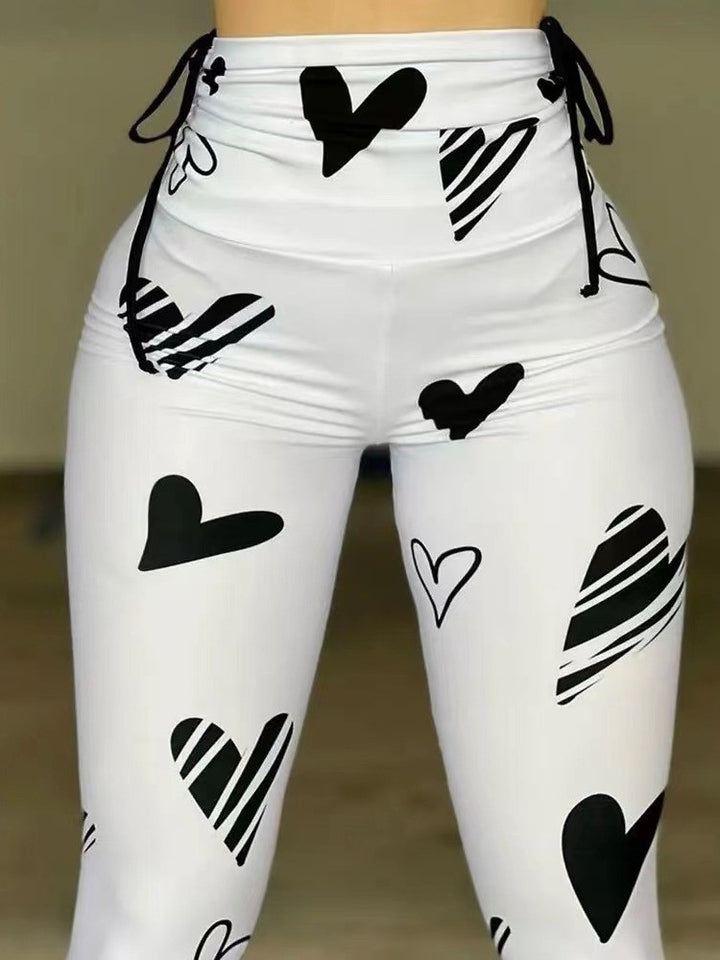 Damen Hohe Taille Leggings mit Herzmuster und Kordelzug Drune