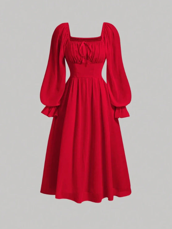 Damen Elegantes Midikleid mit Puffärmeln Drune