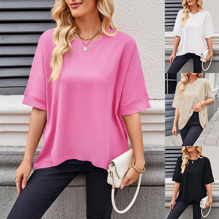 Damen lässiges Oversized T-Shirt mit seitlichen Schlitzen und umgeschlagenen Ärmeln Drune
