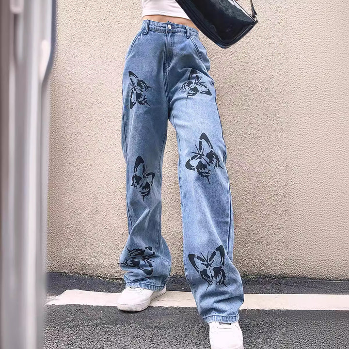 Damen nan weite High-Waist-Jeans mit Gothic-Schmetterlingsprint und entspanntem Straight-Leg Drune