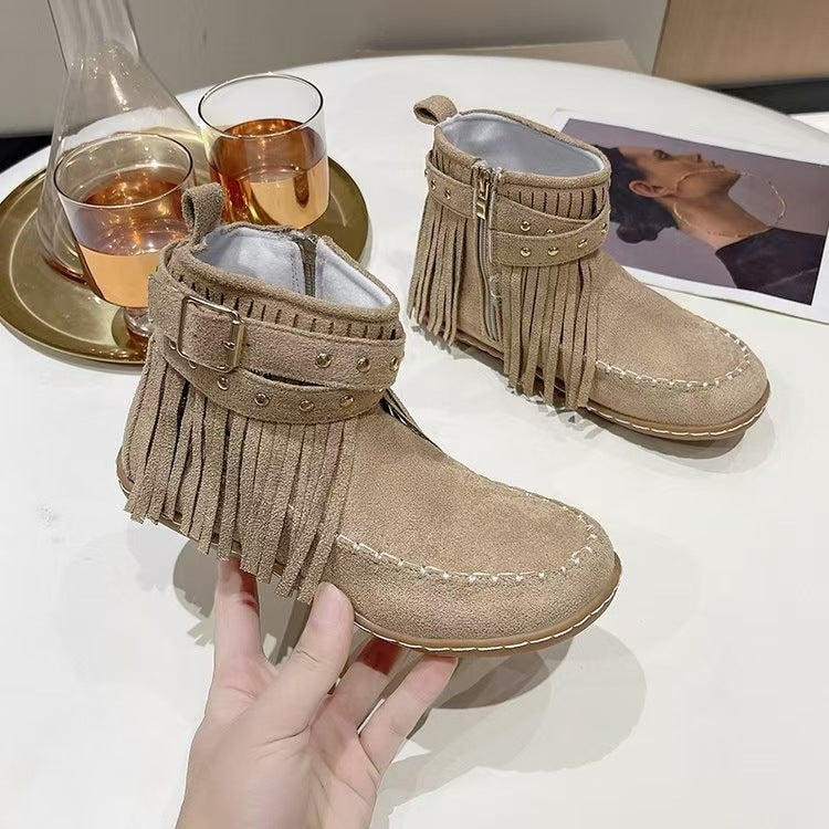 Damen nan Fransen-Mokassin-Stiefelette mit Ziergurt, Schnalle und weicher Gummisohle Drune