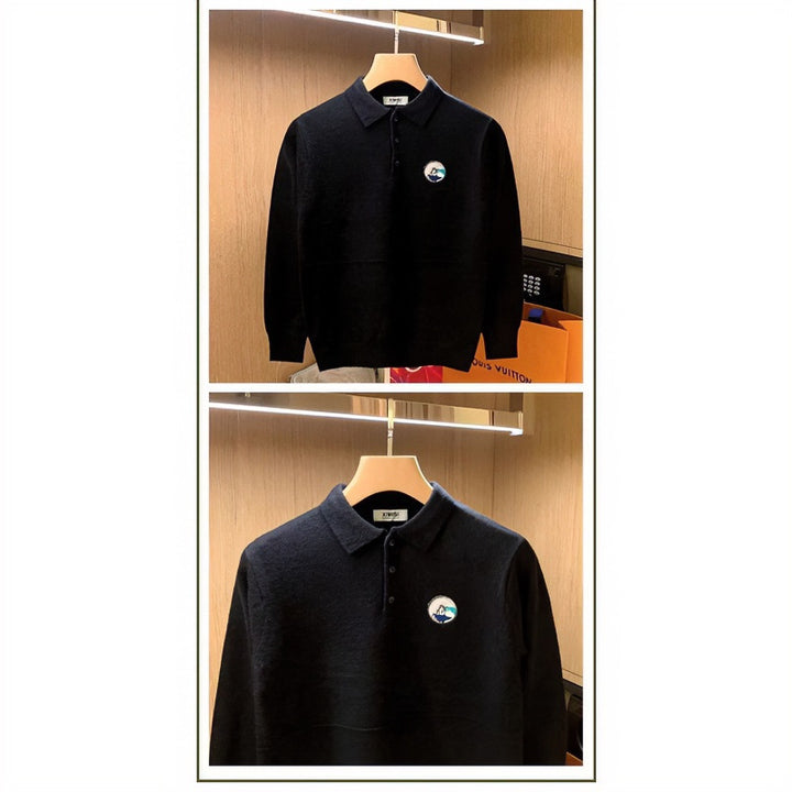 Herren Polokragen-Pullover aus weichem Flauschstrick mit Logo‑Patch Drune