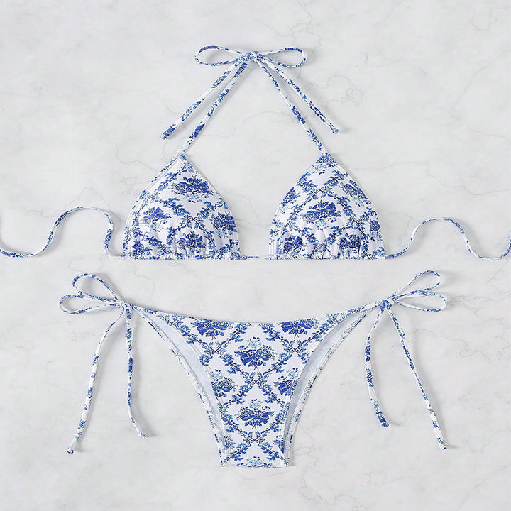 Damen Triangel-Bikini mit verspieltem Blumendesign und verstellbaren Bindebändern Drune