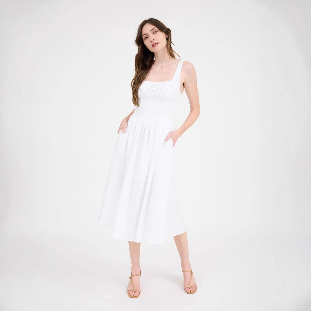 Damen elegante Sommermittelkleid mit tiefem Ausschnitt und praktischen Taschen Drune