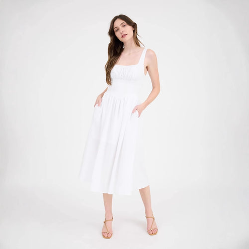 Damen elegante Sommermittelkleid mit tiefem Ausschnitt und praktischen Taschen Drune