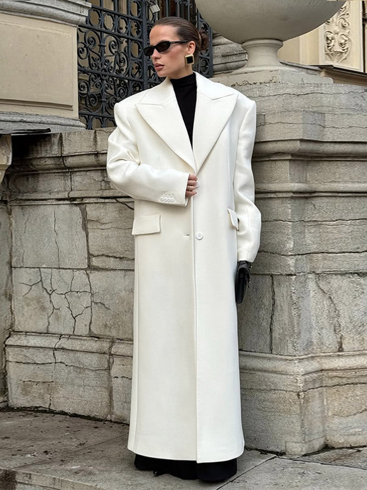 Damen Maxilanger Oversize-Wollmixmantel mit markanten Schulterpolstern und Reverskragen Drune