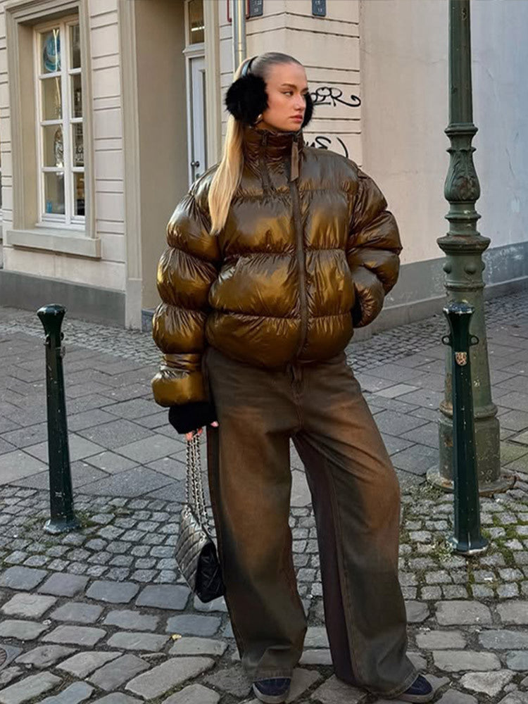 Damen Glänzende Oversize-Steppjacke mit Kapuze und hohem Stehkragen Drune