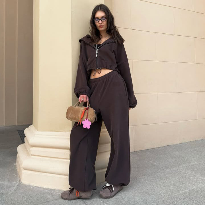 Damen oversized Kapuzenjacke mit Reißverschluss und weiten Jogginghose Lounge-Set Drune