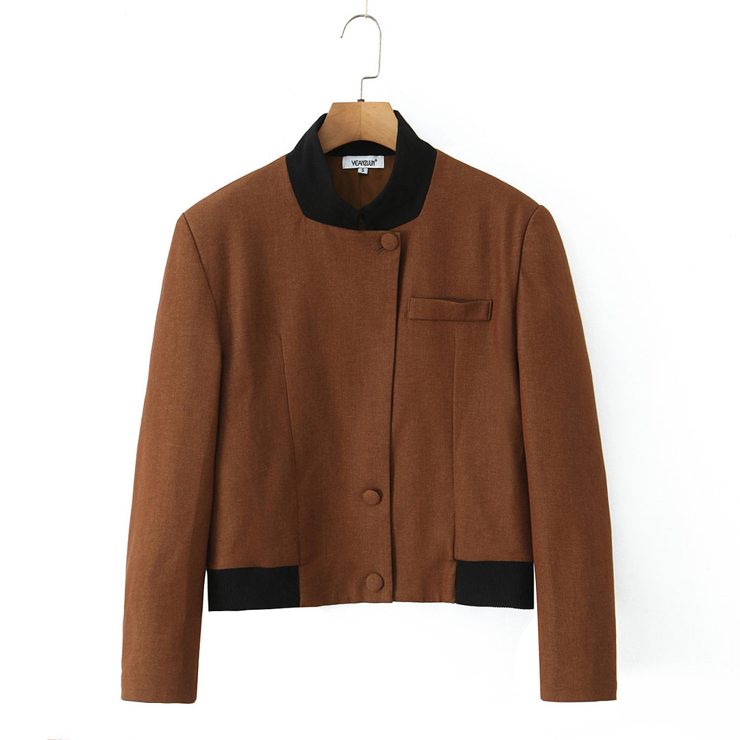 Damen modische Kurzjacke mit elegante Knopfleiste und kontrastierendem Kragen Drune