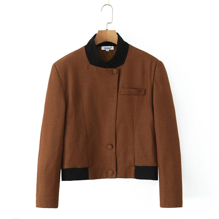 Damen modische Kurzjacke mit elegante Knopfleiste und kontrastierendem Kragen Drune