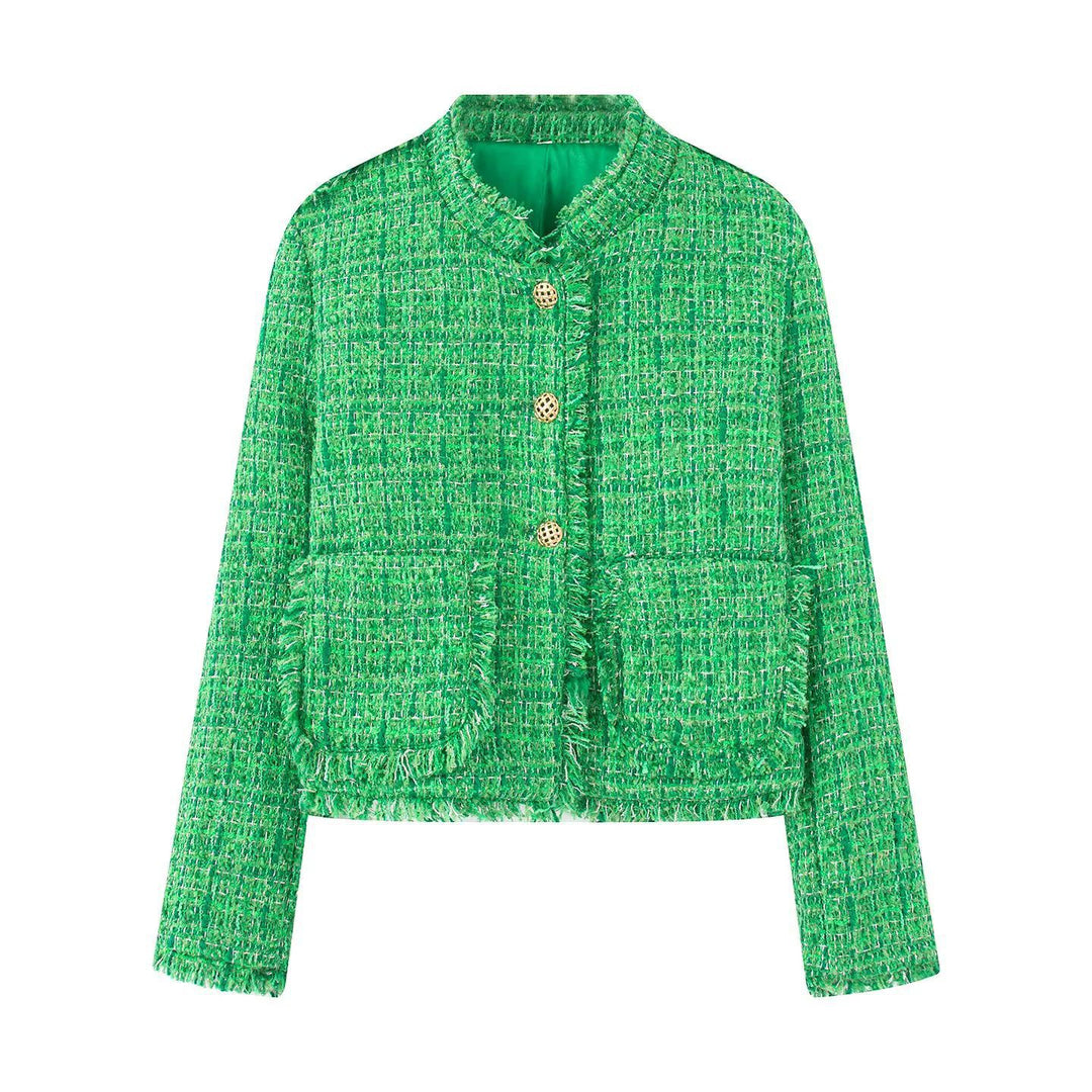 Damen nan kurze Bouclé-Tweedjacke mit goldenen Zierknöpfen, aufgesetzten Taschen und Fransenbesatz Drune