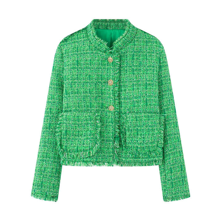 Damen nan kurze Bouclé-Tweedjacke mit goldenen Zierknöpfen, aufgesetzten Taschen und Fransenbesatz Drune