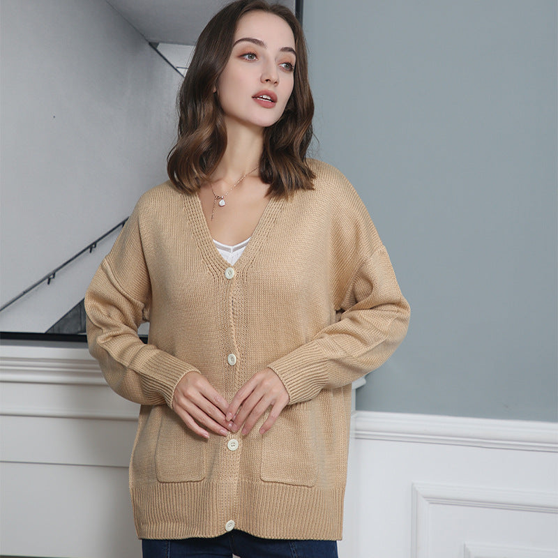 Damen Feiner Oversize-Strickcardigan mit V-Ausschnitt, Knopfleiste und aufgesetzten Eingrifftaschen Drune