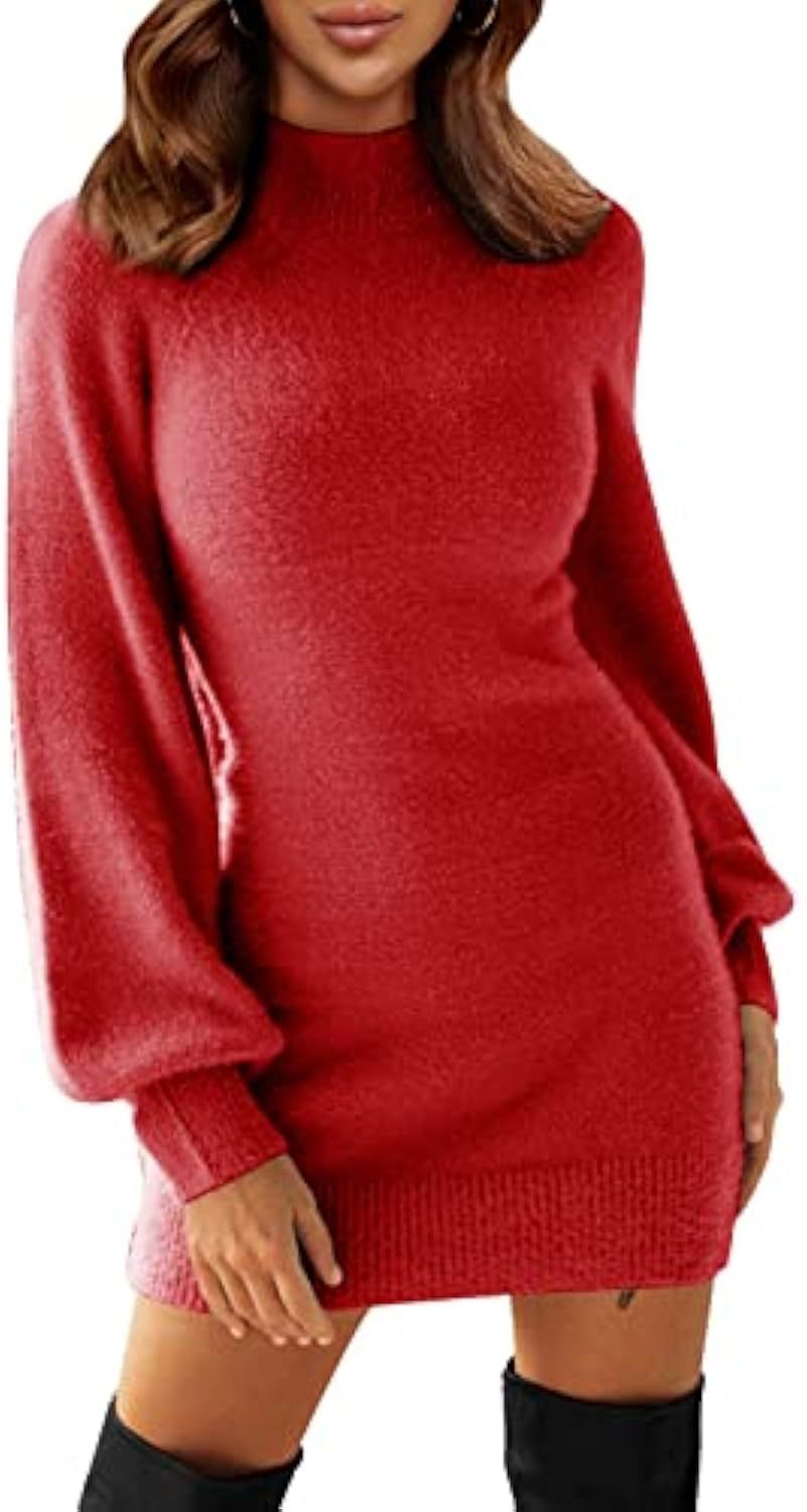 Damen Tailliertes Teddy-Strick-Minikleid mit Stehkragen und Ballonärmeln Drune