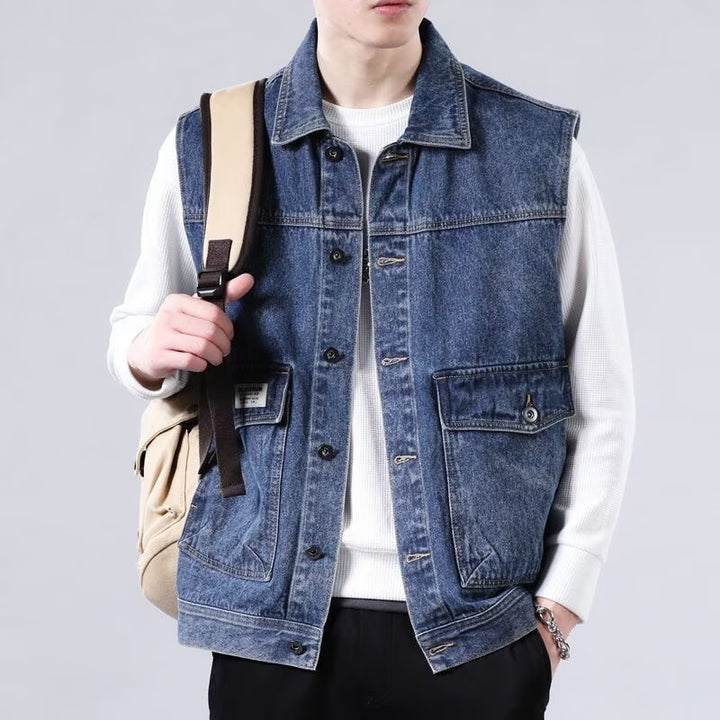 Herren Ärmellose Jeans-Workerweste mit Pattentaschen und kastiger Passform Drune