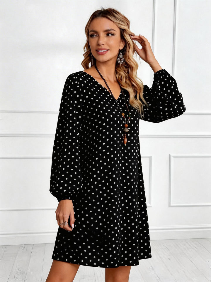 Damen Lockeres Tupfen‑Minikleid mit V‑Ausschnitt, Ballonärmeln und schwingender A‑Linie Drune