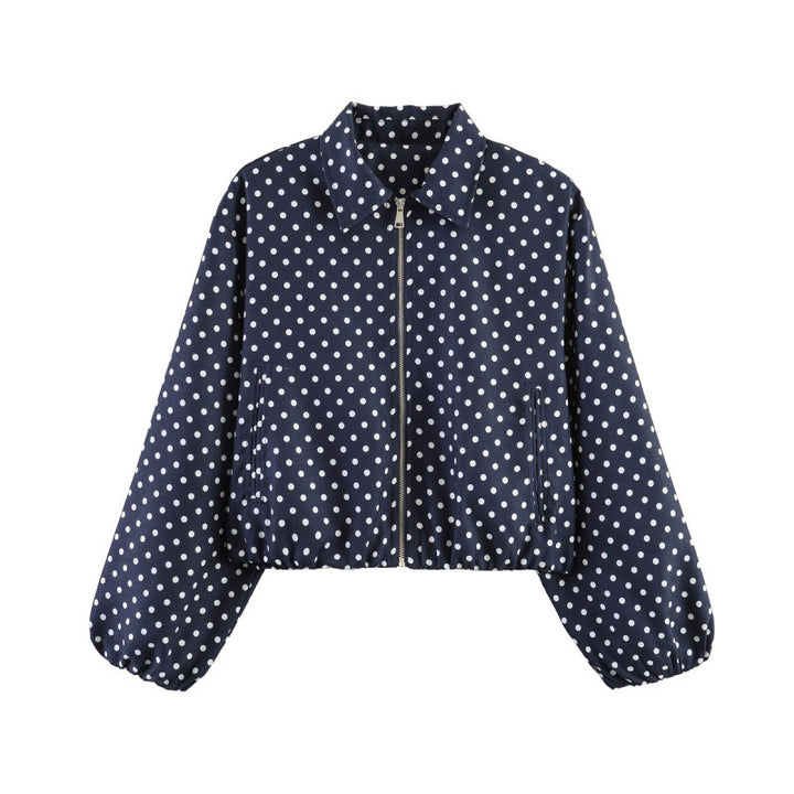 Damen Gepunktete Cropped-Bomberjacke im Retro-Look mit Hemdkragen und elastischem Saum Drune