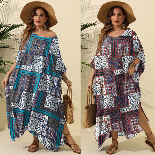 Damen luftiges Maxikleid mit farbenfrohem Patchwork-Design Drune