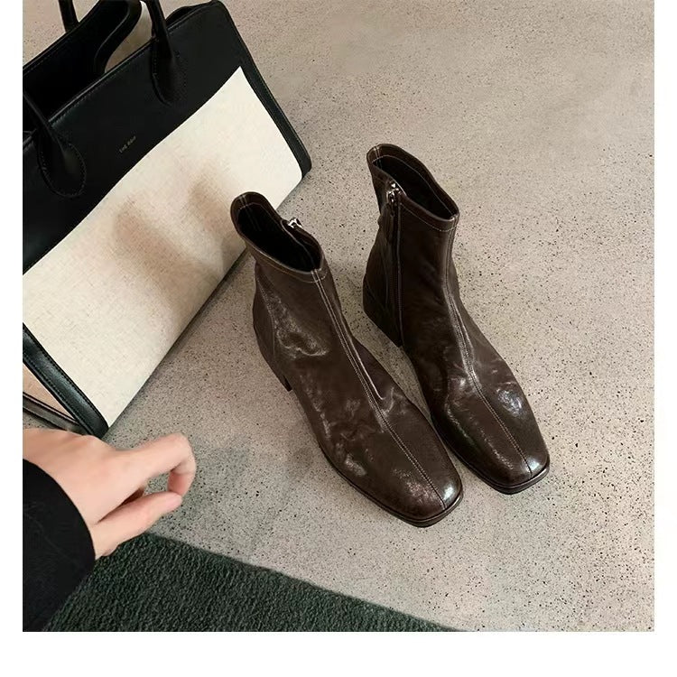 Damen knöchelhohe Glattleder-Stiefelette mit mittlerem Blockabsatz und seitlichem Reißverschluss Drune