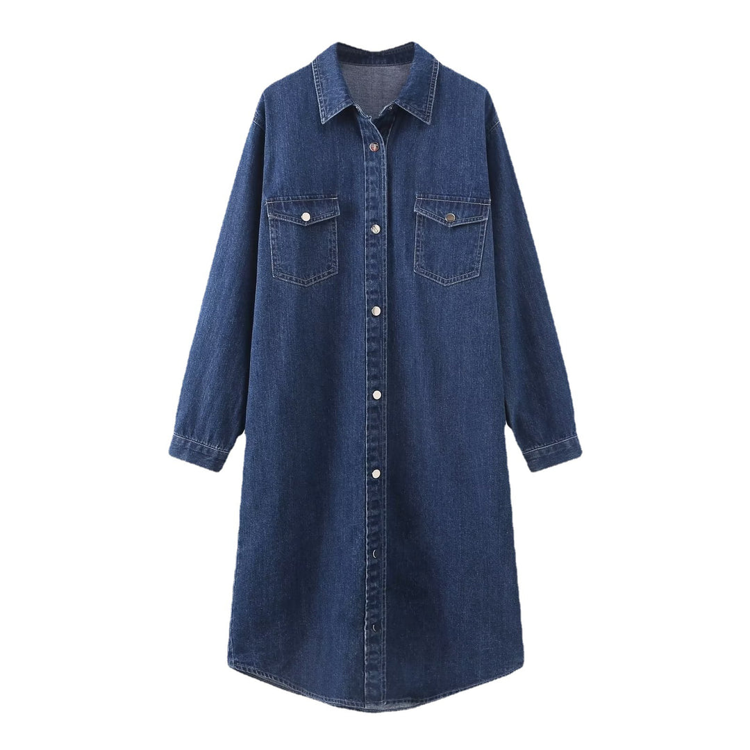 Damen Langes Denim-Hemdblusenkleid mit Knopfleiste und Brusttaschen Drune