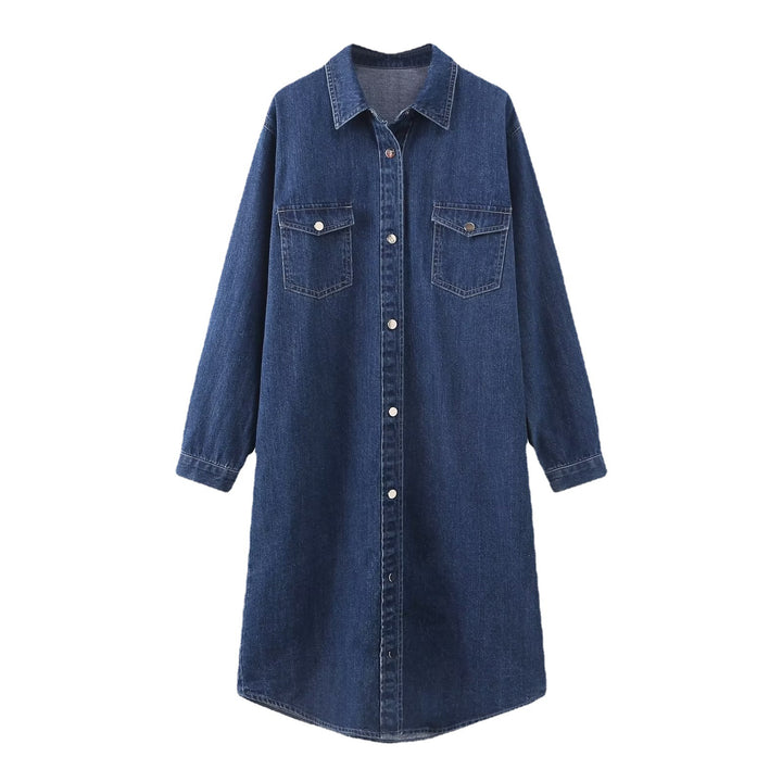 Damen Langes Denim-Hemdblusenkleid mit Knopfleiste und Brusttaschen Drune