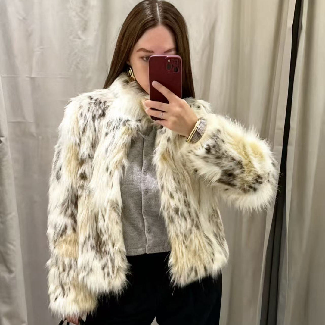 Damen nan kurzes Kunstfell-Cropped-Jacke mit Stehkragen, soften Fasern und melierter Struktur Drune