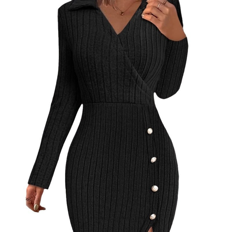 Damen Strick-Wickelkleid mit Eleganten Knöpfen Drune