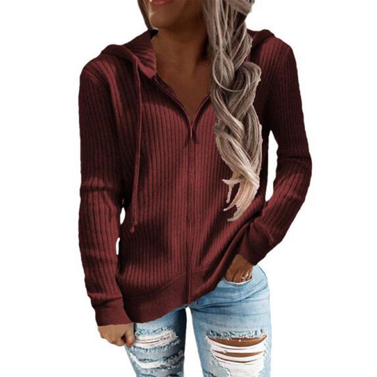 Damen nan gerippter Kapuzen-Zip-Hoodie mit halbem Reißverschluss und Kängurutaschen Drune