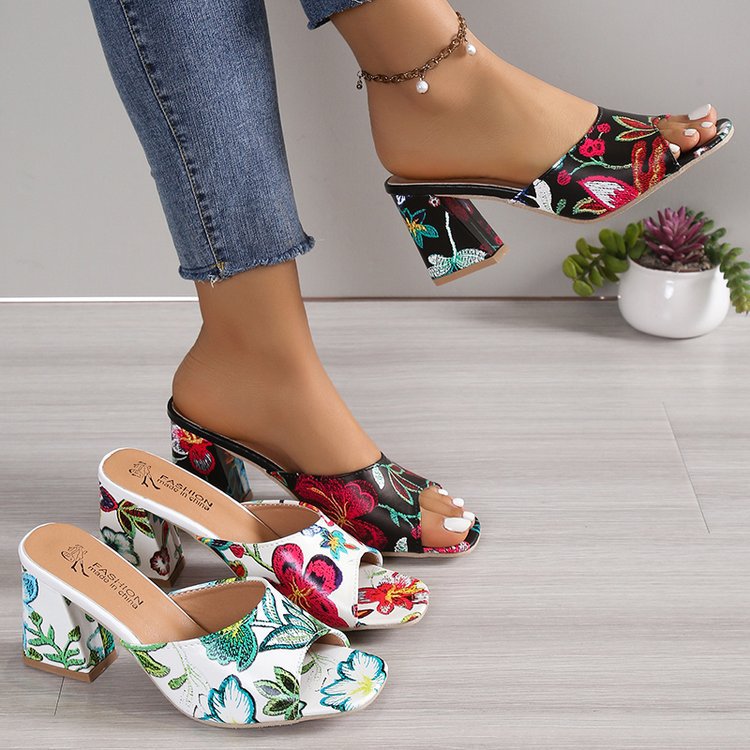 Damen Mules mit floralem Design und komfortablem Blockabsatz Drune