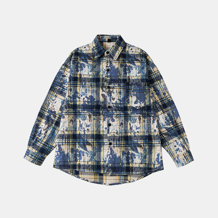 Unisex Overshirt-Hemdjacke im karierten Baumwollmix mit künstlerischem Paint‑Effekt Drune