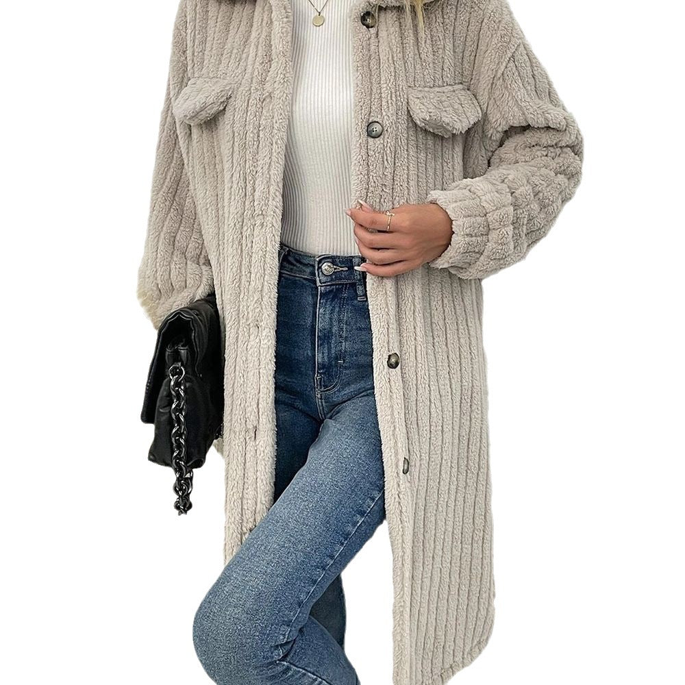 Damen nan langer Teddy-Mantel mit Schalkragen und aufgesetzten Brusttaschen Drune