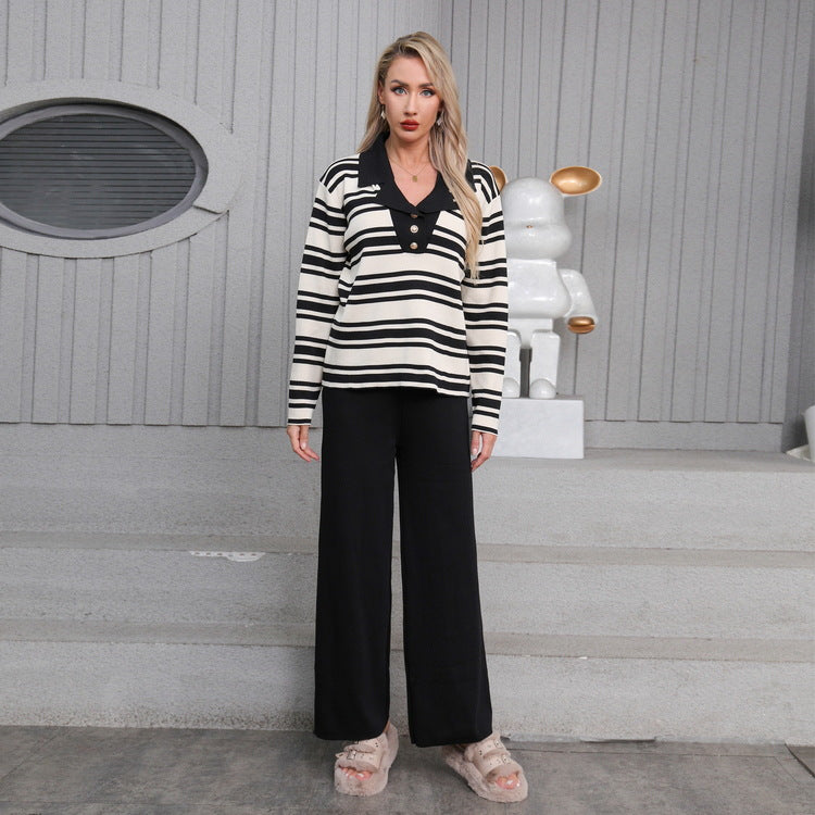 Damen elegantes Strick-Loungewear-Set mit einem modischen Kragen und weit geschnittenen Hosen Drune