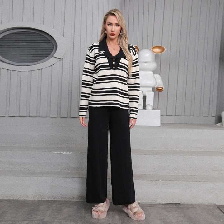 Damen elegantes Strick-Loungewear-Set mit einem modischen Kragen und weit geschnittenen Hosen Drune