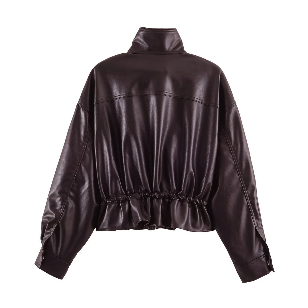 Damen Oversize Blousonjacke aus veganem Leder mit hohem Stehkragen und Kordelzugtaillierung Drune