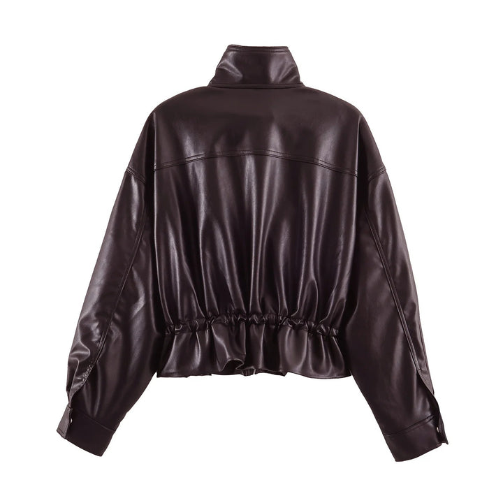 Damen Oversize Blousonjacke aus veganem Leder mit hohem Stehkragen und Kordelzugtaillierung Drune