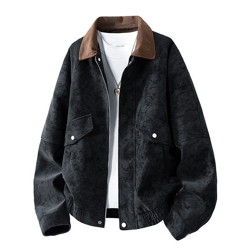 Herren Oversize Utility-Bomberjacke aus Kunstleder mit geripptem Saum und Hemdkragen Drune