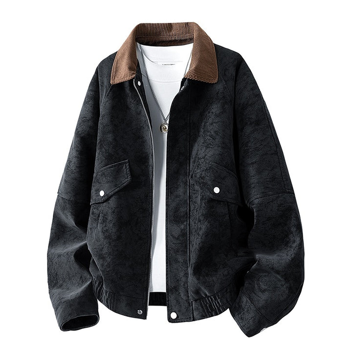 Herren Oversize Utility-Bomberjacke aus Kunstleder mit geripptem Saum und Hemdkragen Drune