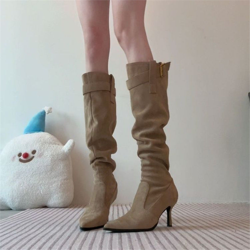 Damen kniehohe Slouch-Stiefel mit spitz zulaufender Kappe und schlankem Stiletto Drune