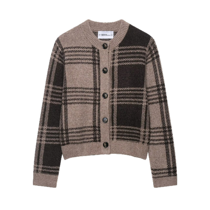 Damen kariertes Strickjacke mit Knopfleiste und weichem Material Drune