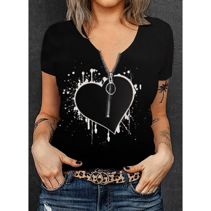 Damen Stylisches T-Shirt mit goldfarbenem Herz-Design und Reißverschluss Drune