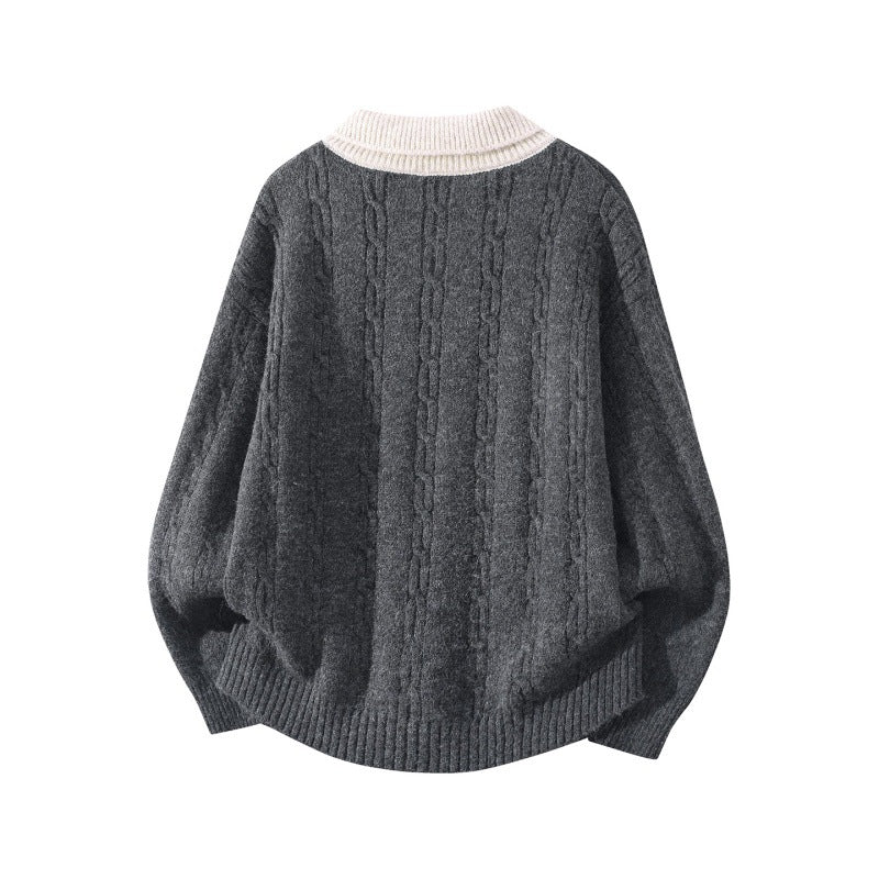 Herren Oversize Zopfmuster-Polo-Strickpullover mit Kontrastkragen und Dreiknopfleiste Drune