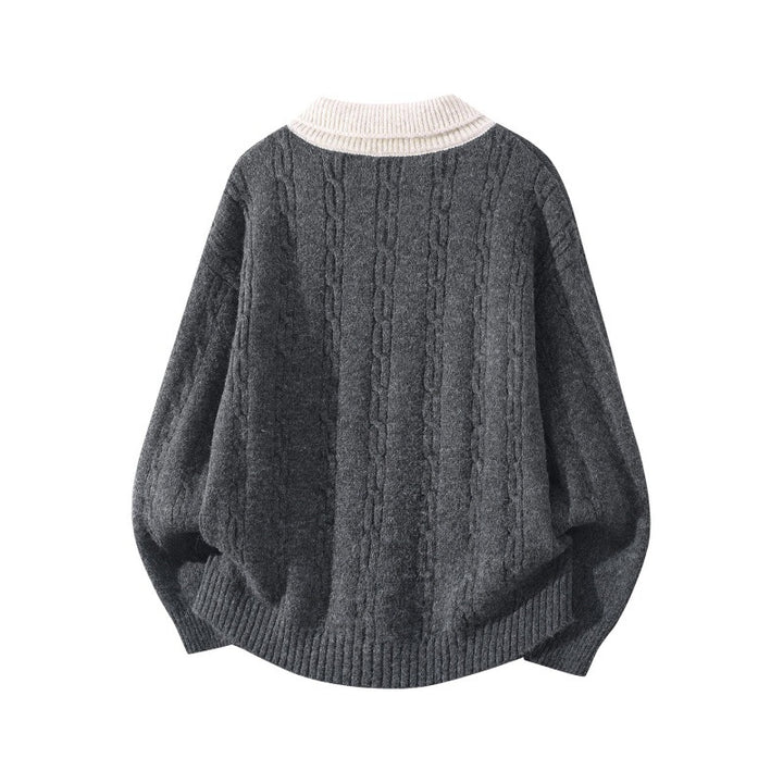 Herren Oversize Zopfmuster-Polo-Strickpullover mit Kontrastkragen und Dreiknopfleiste Drune