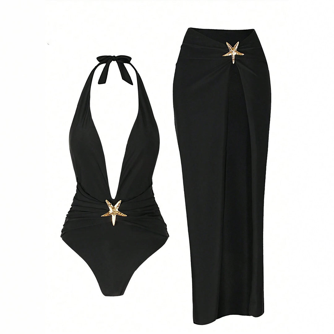 Damen Elegantes Maxi-Strandkleid mit tiefem V-Ausschnitt und dekorativen Stern-Applikationen Drune